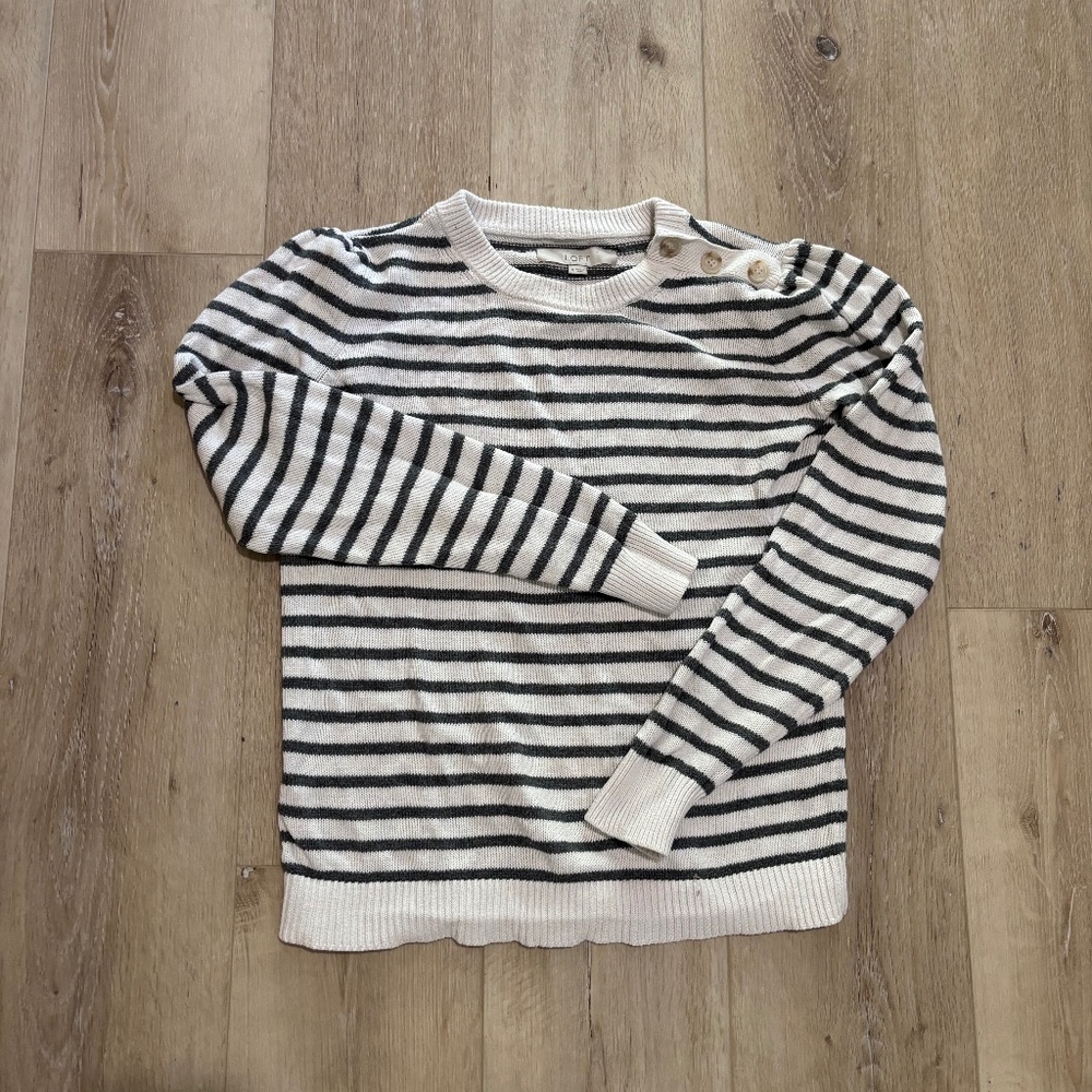 Loft sweater gray striped small puff sleeve buttons